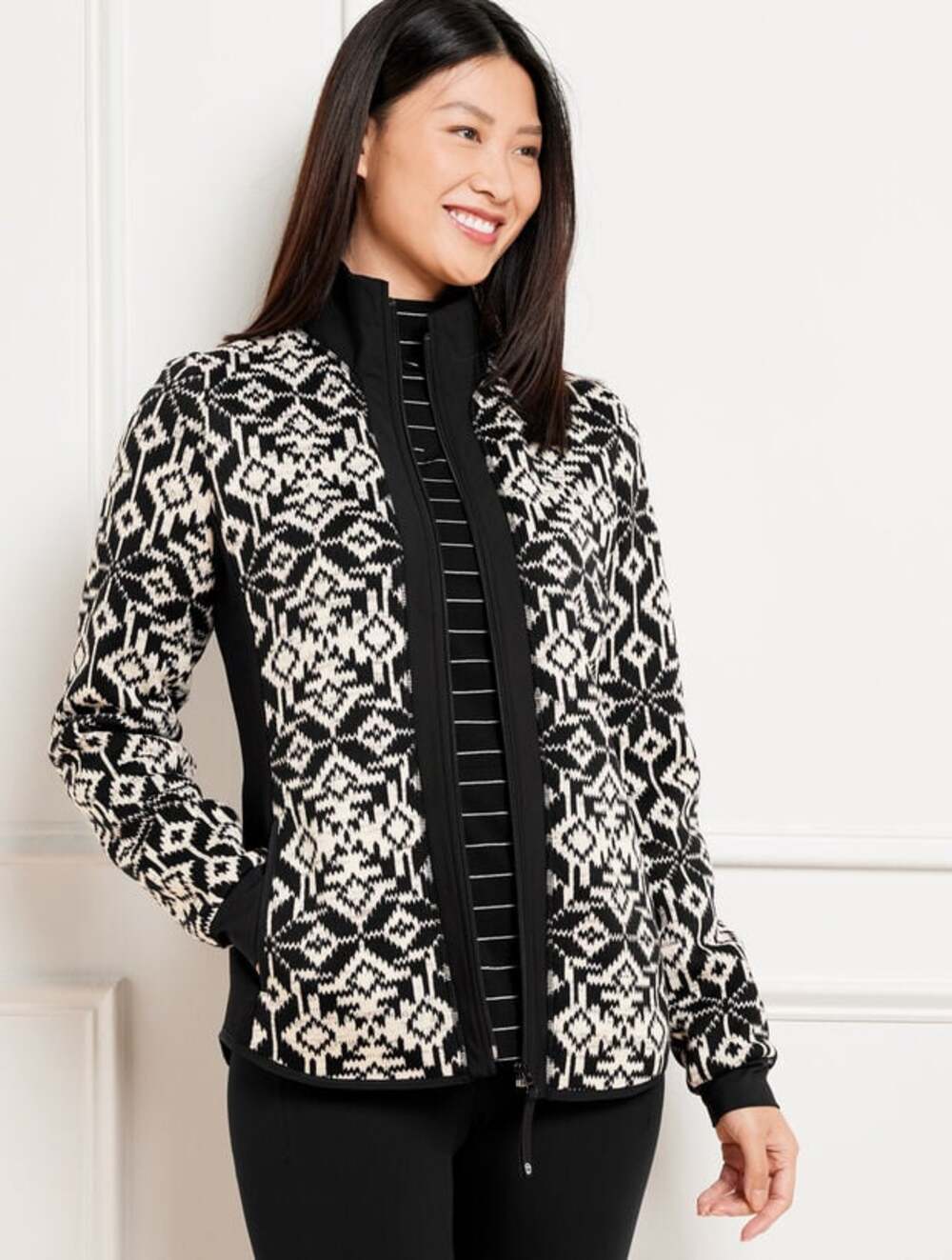 T by Talbots Cozy Fleeceback Jacket - Snowflake Black white M